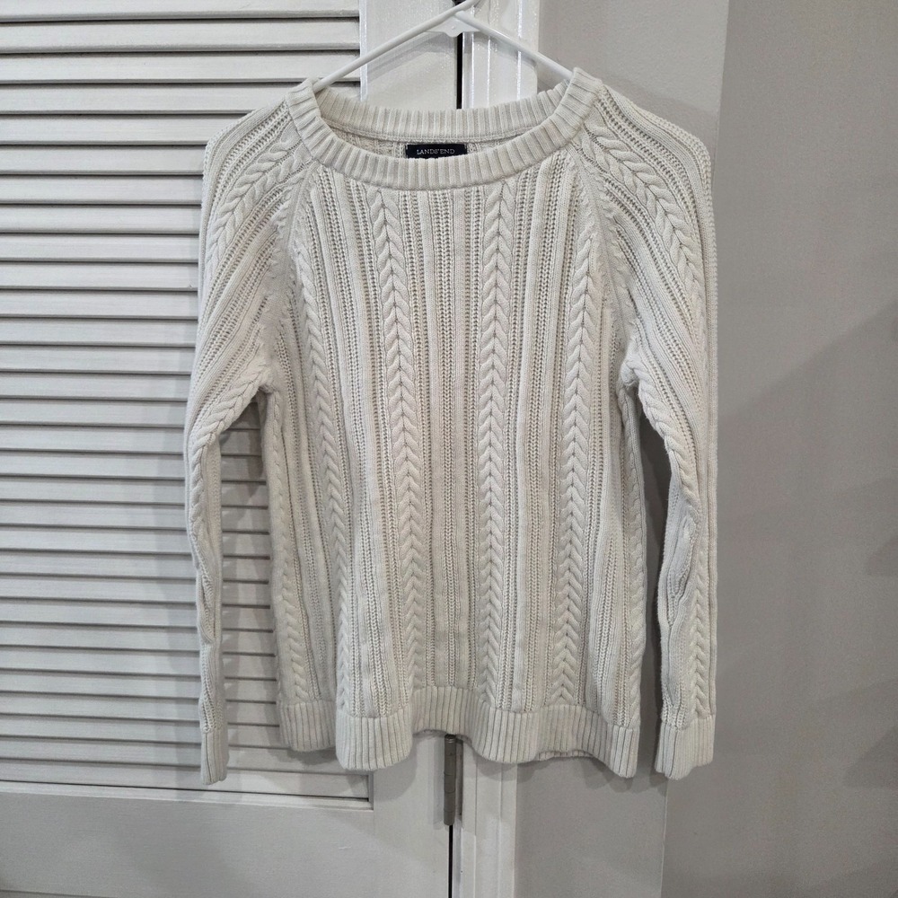 Womens Lands' End Ivory Cable Knit Sweater Size Medium Petite 10/12
